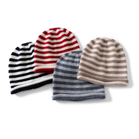Bonnet tricoté personnalisable en cachemire pur à 100 %, doux et chaud pour l'hiver, unisexe, à rayures, avec revers retroussé, ton gris