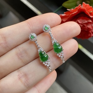 Chinese Style S925 Pure Silver Dangle Earrings Natural Sunny Green <b>Jade</b> Gourd Inlaid with Ice <b>Jade</b> Fulu National Style - Product Image 1