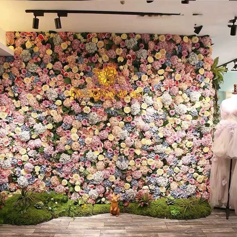 Hot sale Artificial silk rose wall wedding decoration artificial flower backdrop event Art 5d flower wall