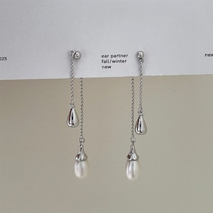 Boucles d'oreilles goutte d'eau en argent 925, style long pour femme, amincissent le visage, élégantes et gracieuses, fil d'oreille perlé - Product Image 1
