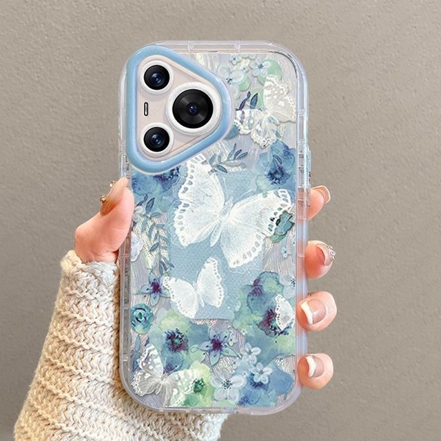 Blue Butterfly Feather TPU Cartoon Shockproof Mobile Phone Case with Holster for for 13 Pro Max Women's