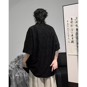 Camisa Negra de Manga Corta Plisada <span class=keywords><strong>sin</strong></span> Planchar Estilo Cubano para Hombre, Diseño Exclusivo con Bordado Jacquard, Chaqueta Cardigan Holgada e Informal - Product Image 3