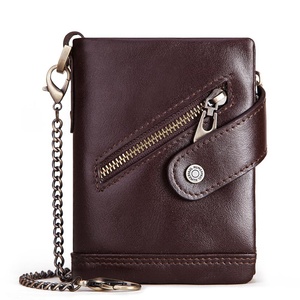 For Boshiho Men's Genuine Leather Bifold Chain <b>Wallet</b> Durable Vintage Crazy Horse Design Zipper Pocket <b>RFID</b> Blocking Short Open - Product Image 1