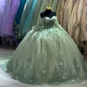 Luxe vert <span class=keywords><strong>sauge</strong></span> robes De Quinceanera fleurs brillantes dentelle fête d'anniversaire bal <span class=keywords><strong>robe</strong></span> De bal Vestidos De 15 Anos Corset - Product Image 1