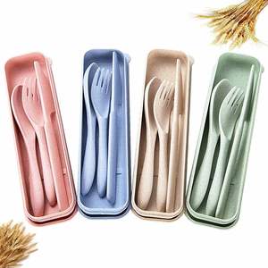 Vaisselle de camping écologique en paille de blé, ensemble d'ustensiles de voyage avec étui - Product Image 1