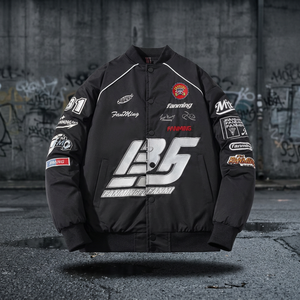 Veste bomber noire pour homme FANMING, imprimé lettres, design patchwork, coupe-vent, style motard, manteau d'automne - Product Image 4