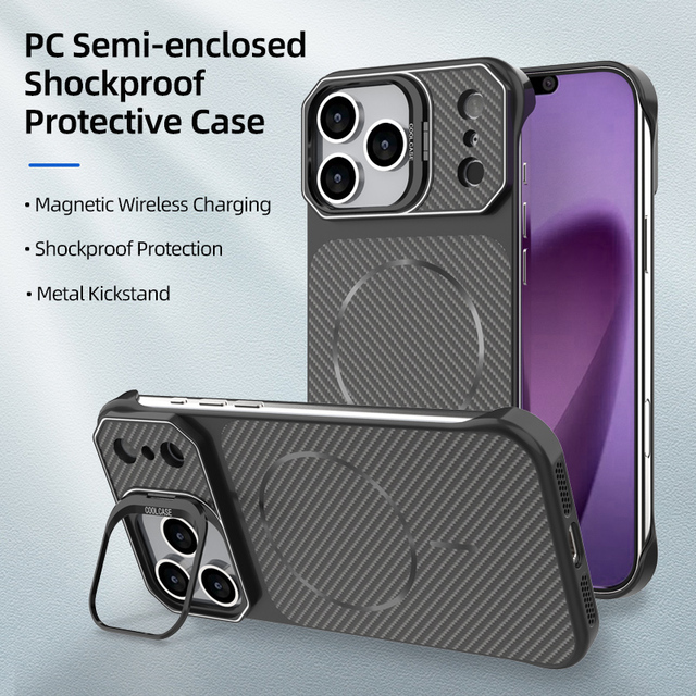Frameless Carbon Fiber Magnetic Case with Metal Camera Ring Kickstand Hard PC Phone Cover for iPhone 16 17 18 Pro Max
