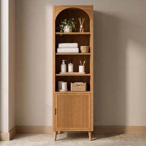Armoire de salle de bain haute en teck massif avec étagère cintrée et porte cannelée - Product Image 2