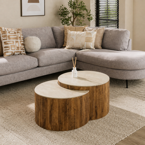 Ensemble de tables basses gigognes Japandi modernes à base cannelée avec plateau aspect travertin, élégantes et minimalistes en MDF pour salon - Product Image 4