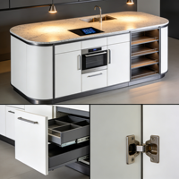 Armoire extérieure moderne minimaliste en PVC laqué sur mesure avec îlot intégré et appareils encastrés en acier inoxydable pour appartement
