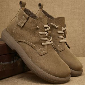 Chaussures de marche en cuir véritable pour hommes, bottes courtes à lacets en cuir grainé vintage, chaussures décontractées à semelle épaisse légère pour l'extérieur - Product Image 6