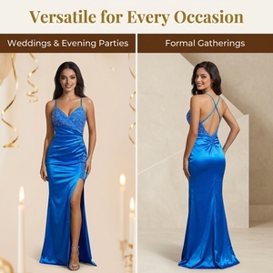 Robe de soirée élégante bleu royal en polyester à manches longues avec des paillettes et une fente pour les banquets formels - Product Image 3