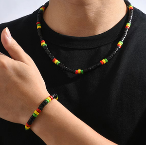 Set di Gioielli da Uomo con Bracciale Elastico e Collana Choker con Perline Colorate Rosso Giallo Verde, Stile Retrò <span class=keywords><strong>Reggae</strong></span> Street - Product Image 2