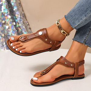 2026 Summer New Plus Size Flat Thong Roman <b>Sandals</b>, Women Rivet Elastic Strap Outdoor Casual Shoes - Product Image 3