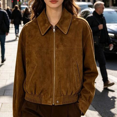 HN000003 American Style Retro Simple Women's Loose Spliced Zip-Up Casual Coat Reverse-fur Suede Goatskin Jacket