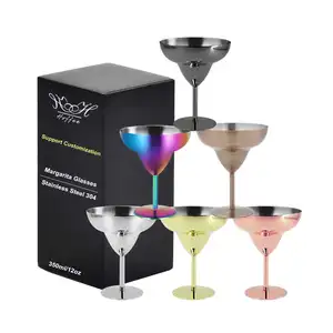 Custom Logo 12oz Cocktail Reusable Martini Goblet Champagne Bar Unbreakable Stem Wine Stainless Steel Margarita Glasses