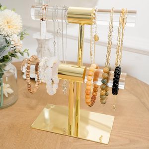 Exhibidor de Joyería, Soporte para Pulseras, Torre de Joyería Acrílica Transparente de 2 Niveles, Exhibidor de Mesa de Metal Dorado - Product Image 5