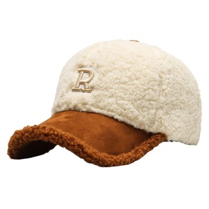 Lamb Wool Baseball Cap With Letter R Fleece Warm Winter Unisex Hat - Product Image 4