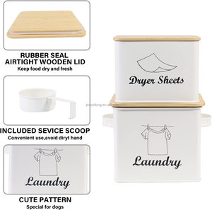 White Square Shape Metal Washing <strong>Powder</strong> Storage Tin Box <strong>Laundry</strong> <strong>Powder</strong> Detergent Canister <strong>Container</strong> with Bamboo Lid - Product Image 2
