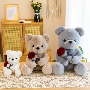खिलौना पशु भूरे रंग के वैलेंटाइंस फूल भरे हुए तकिया उच्च गुणवत्ता वाले प्यारे टेडी प्लश खिलौना गुलाब भालू गले का खिलौना