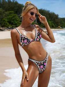 <b>Women's</b> Sexy Solid Color Block Two Piece Set Bathing Suit Eco-Friendly Quick Dry 100% Polyester Front Logo Bandeau <b>Swim</b> Top - Product Image 6