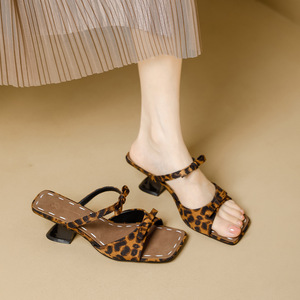 Leopard Print Heeled Sandals Square Toe <b>Block</b> Heel Anti Slip Elegant Women's Summer Shoes - Product Image 2