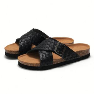 Sandales noires en cuir véritable à brides croisées avec boucle, semelle en liège, tongs d'été à bout ouvert, style classique - Product Image 6