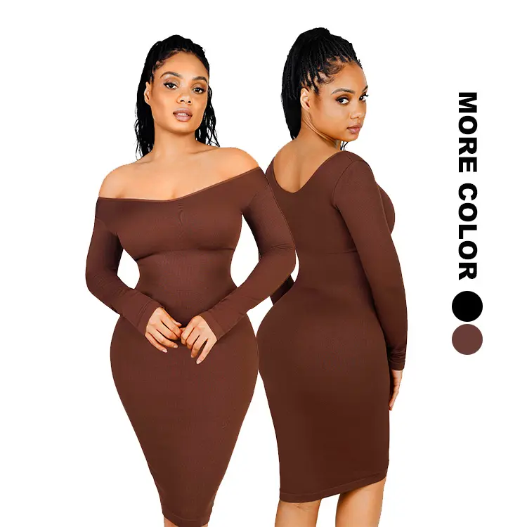 2023 Großhandel Frauen Deep V Neck Nahtloses Body Shaper Kleid Langarm Taille Trimmen Shape wear Bodycon Midi Kleid