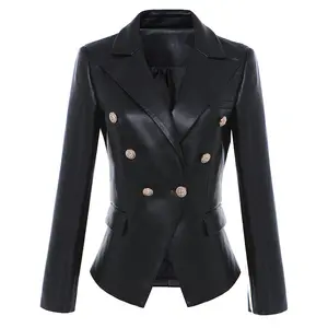 Wholesale ladies black double breasted slim fit leather jacket blazer