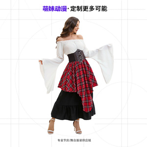 Retro Medieval Full Skirt Irregular Half Skirt <b>Pirate</b> <b>Shirt</b> Belt Top Set <b>Women</b> Polyester Lattice Pattern Adult Performance Wear - Product Image 4