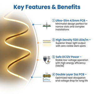 Mini bande lumineuse LED COB de 4,5 mm de largeur, 12V, 528 LED/m, sans points, flexible, avec ruban adhésif 3M pour l'éclairage des meubles - Product Image 5
