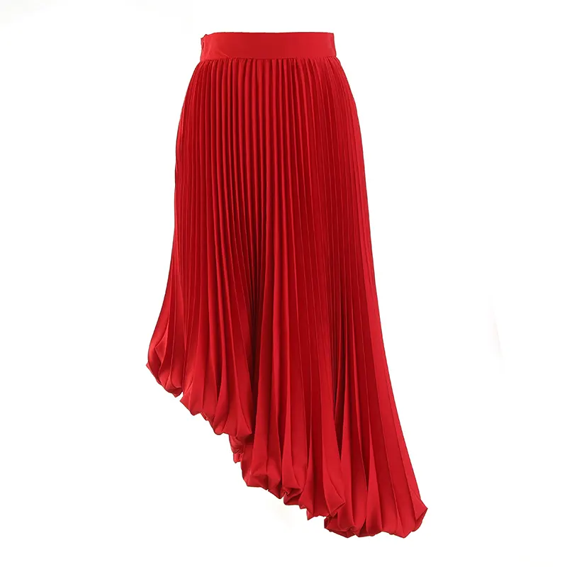 solid korean red midi asymmetric drape bubble high waist pleated skirt