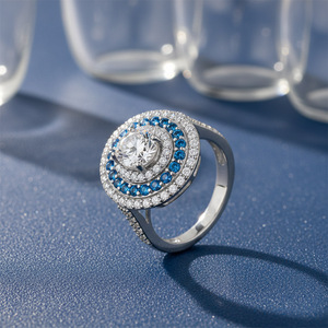 Classic Women's 925 Silver Moissanite Cocktail <b>Ring</b> Round Brilliant Cut Pave Setting Blue Gemstone Halo Engagement Jewelry - Product Image 5