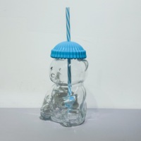 Mignon Gobelet en Verre avec Paille et Couvercle en Silicone, Forme d'Ours de Dessin Animé, Tasse Transparente pour Boire