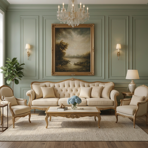 French Provincial Tufted <b>Sofa</b> Solid <b>Wood</b> <b>Frame</b> Upholstered Living Room Couch Beige Lounge Seating - Product Image 3