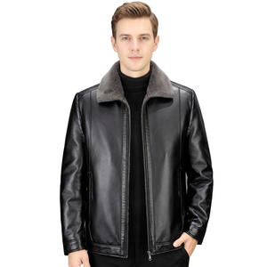 Men's Black Genuine <b>Leather</b> Bomber Jacket <b>with</b> Faux <b>Fur</b> Collar Zipper Closure Waterproof Windproof Winter Warm <b>Coat</b> Regular Fit - Product Image 5