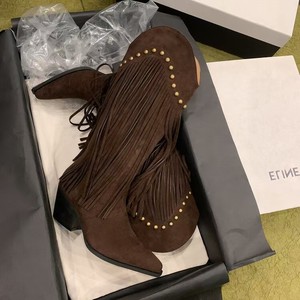 Women's <strong>Brown</strong> Fur Fringe Cowboy <strong>Boots</strong> Gold Rivets Pointed Toe Block <strong>Heel</strong> Western Style Height Increasing Knee-<strong>high</strong> Fashion <strong>Boots</strong> - Product Image 4