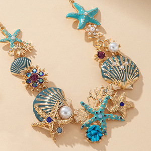 FLANK16 Affascinante Set di Gioielli Ispirato al Mare con <span class=keywords><strong>Collana</strong></span> di Conchiglie Blu e Stelle Marine con Perla e Catena Intrecciata Placcata Oro per Feste in Spiaggia - Product Image 3