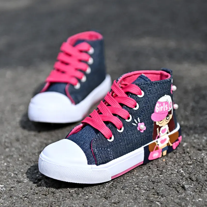 High Quality New Arrival Girls Boys Children's Casual Shoes High Top Lace Up Denim Blue Kids Canvas Flat School Shoes