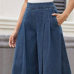 Lose Plissee-Taschen mit weitem Bein Einfarbige Damen-Jeans hose - Product Image 2