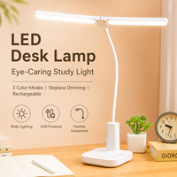 Lámpara de Escritorio LED Recargable con Doble Cabezal Giratorio, 3 Colores y Atenuación Gradual, para el Cuidado de los Ojos, Ideal para Lectura en Casa u Oficina