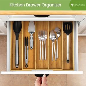 Purawood Bamboo Drawer Organizer 5 Compartment Expandable Kitchen <b>Storage</b> <b>Tray</b> Natural Wood Color - Product Image 3