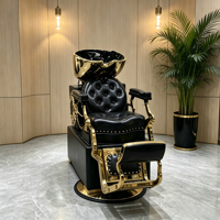 Fauteuil de lavage de luxe noir et or avec design inclinable, station de lavage de cheveux en cuir capitonné avec bac plaqué or