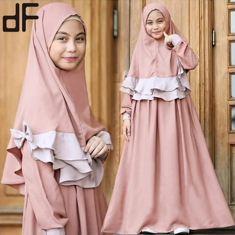 oem islamic muslim hot girl pure color abaya and hijab girl long dress sweet and cute fashion two pieces