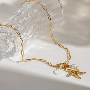 Starfish Pendant Necklace With Pearl And Shell Charms Stainless Steel Gold Tone Fashion Jewelry Gift For Women - Product Image 2