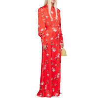 Robes de soirée longues en satin de luxe avec épaulettes, col montant, imprimé floral, robe maxi