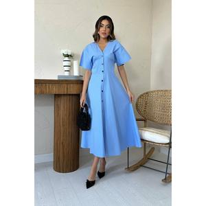 Robe midi bleue à col en V, coupe trapèze, taille naturelle, en popeline tissée respirante, pour usage quotidien décontracté - Product Image 5