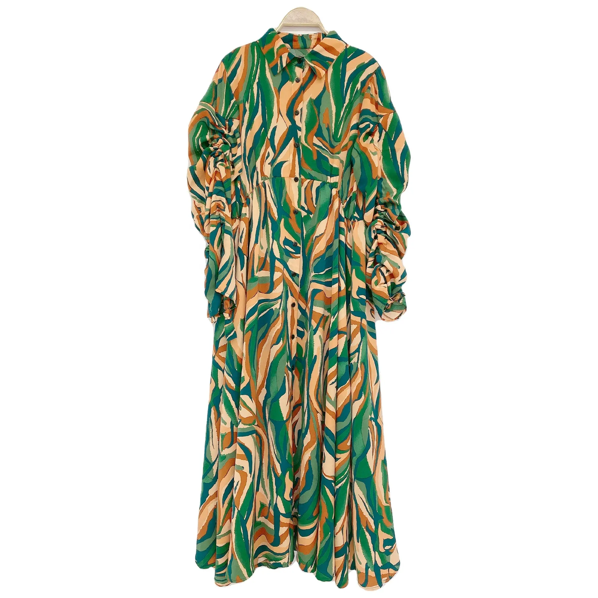 아프리카 의류 기하학 인쇄 Shirring 디자인 셔츠 드레스 바닥 길이 여성 드레스