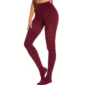 Bán buôn tất thời trang nữ màu đỏ rượu vang sang trọng, quần legging cỡ lớn có họa tiết chấm trắng - Product Image 4