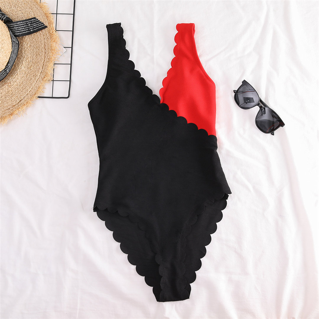 Women Summer High Cut One Piece Swimsuit Scalloped Splicing Ribbed ...